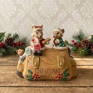 Vintage Christmas Card Holder Mice Mail Bag Ceramic Figurine Rustic Distressed